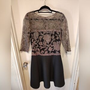 Tadashi Shoji Black and Gold Lace Midi Dress